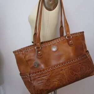 Tooled Brown Leather Tote Bag Purse Braided Shoulder Straps